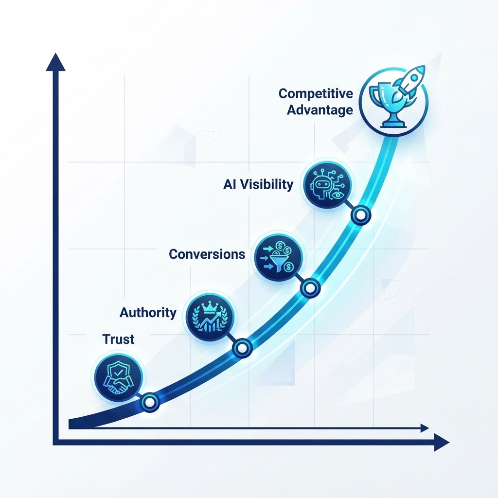 Enterprise value created by Product Knowledge including customer trust, brand authority, lower support costs, better onboarding, AI visibility, search visibility, higher conversions, satisfaction, knowledge retention, and competitive differentiation
