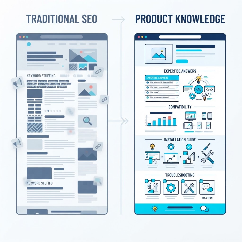 Traditional keyword-first SEO compared to Product Knowledge that answers customer questions with expertise