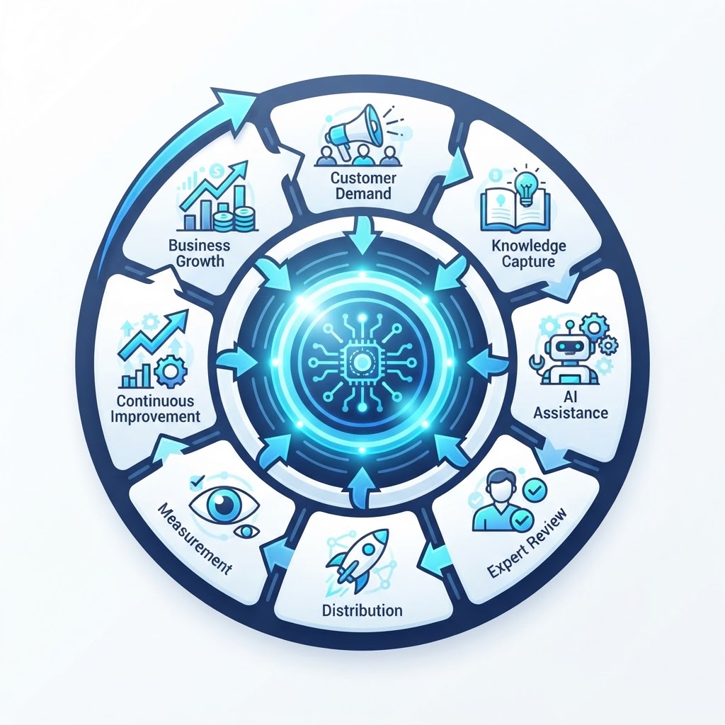Product Knowledge Operating System showing the complete cycle from customer demand through knowledge capture, AI assistance, expert review, distribution, measurement, continuous improvement, to business growth