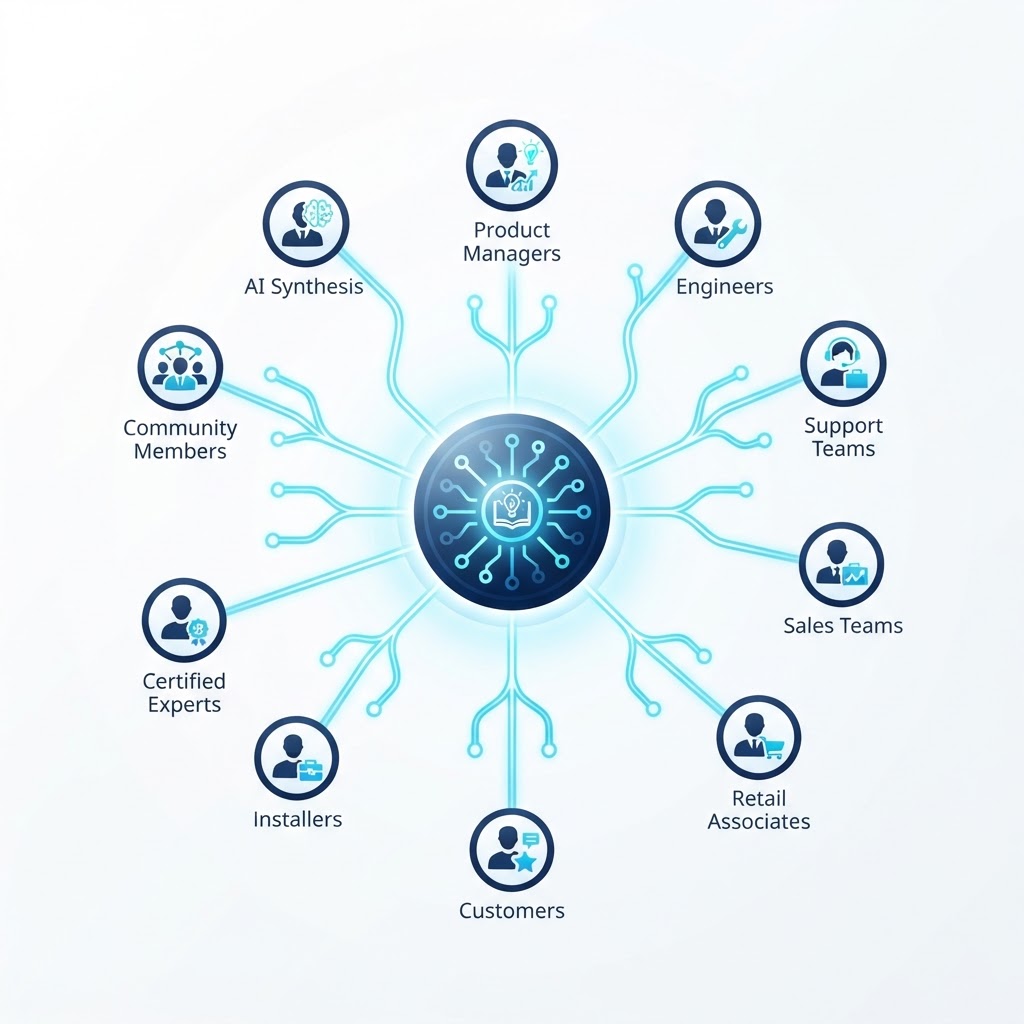Expert knowledge sources across an organization including product managers, engineers, support, sales, retail associates, customers, installers, certified experts, and community members
