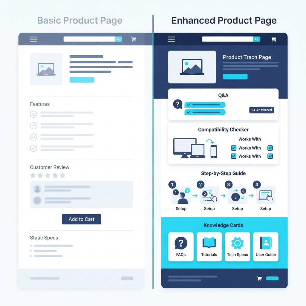 Traditional product description versus Product Knowledge-driven description, showing a shift from flat marketing copy to a rich product page that answers customer questions