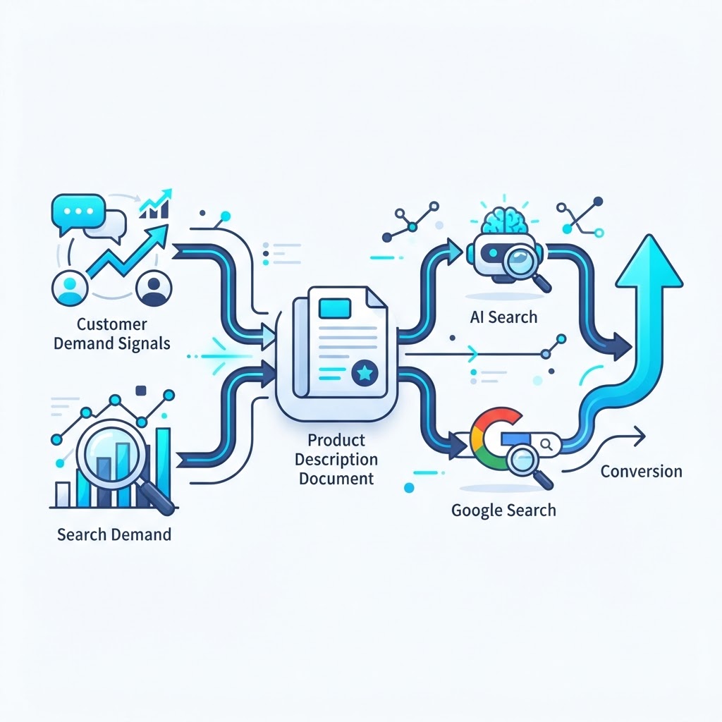 Workflow showing customer demand and search demand flowing into a product description, then out to AI search and Google search resulting in higher conversions