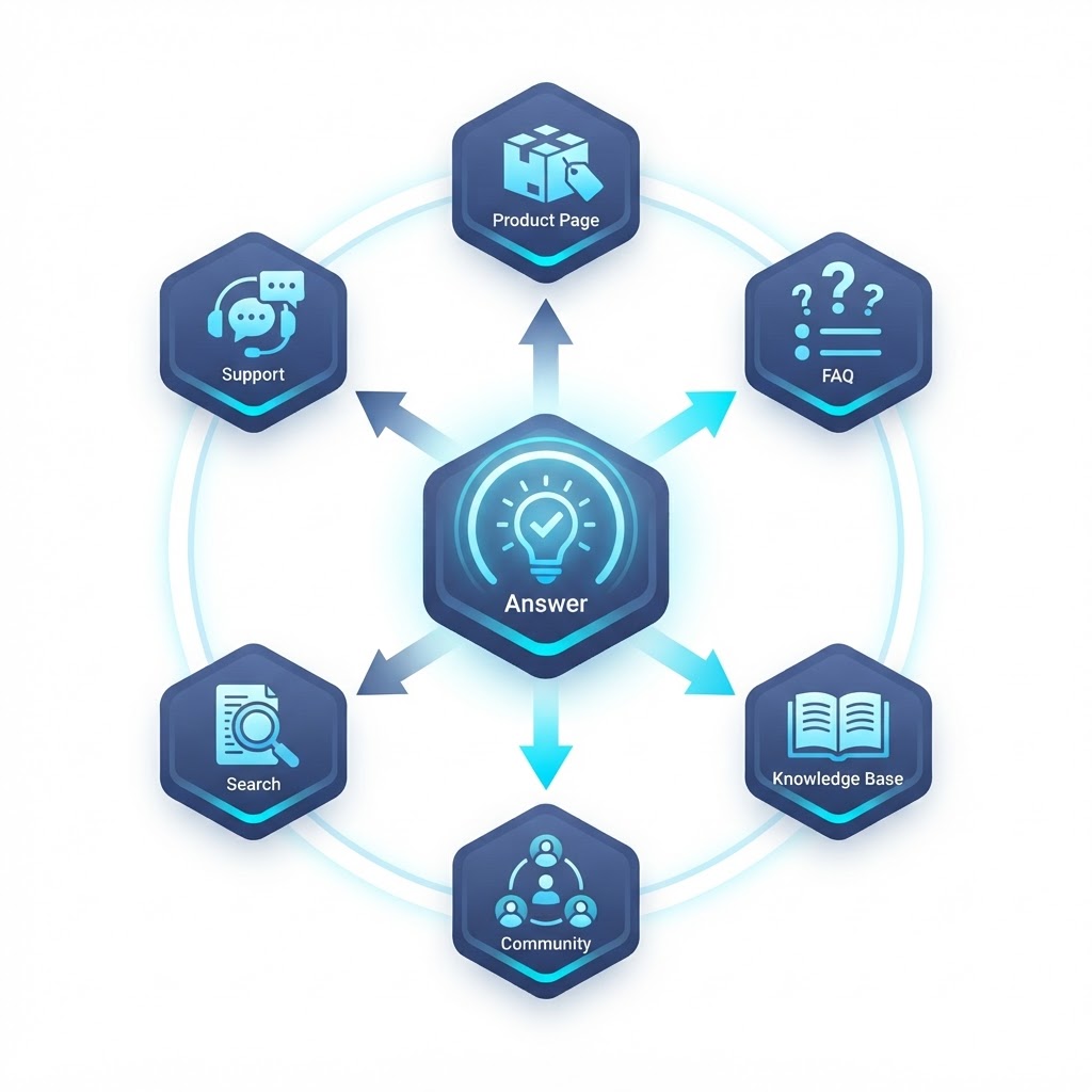 One captured insight becoming many business assets across product FAQ, collection FAQ, buying guides, knowledge base, community, product pages, product descriptions, product feed, AI search, Google search, and customer support