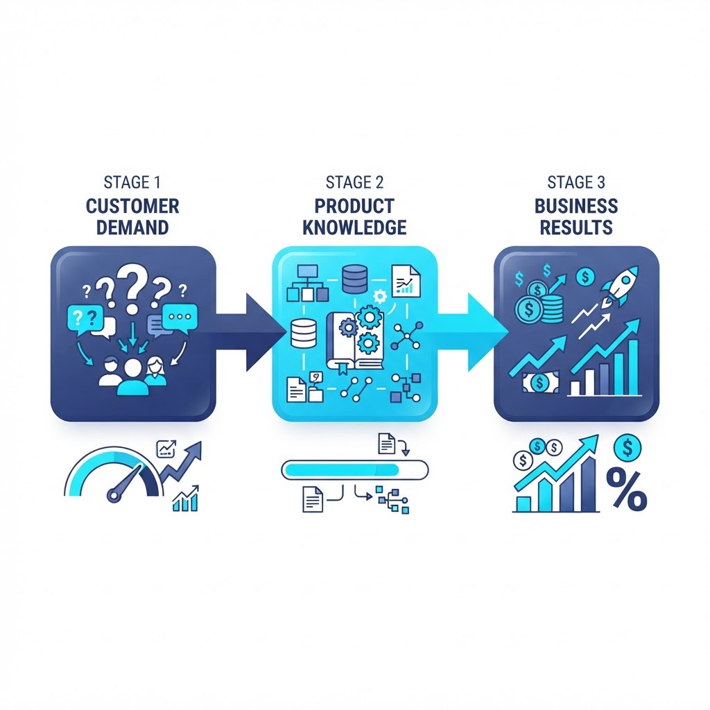 Every customer interaction creating measurement from question through knowledge gap, knowledge created, engagement, conversion, future demand, and continuous measurement
