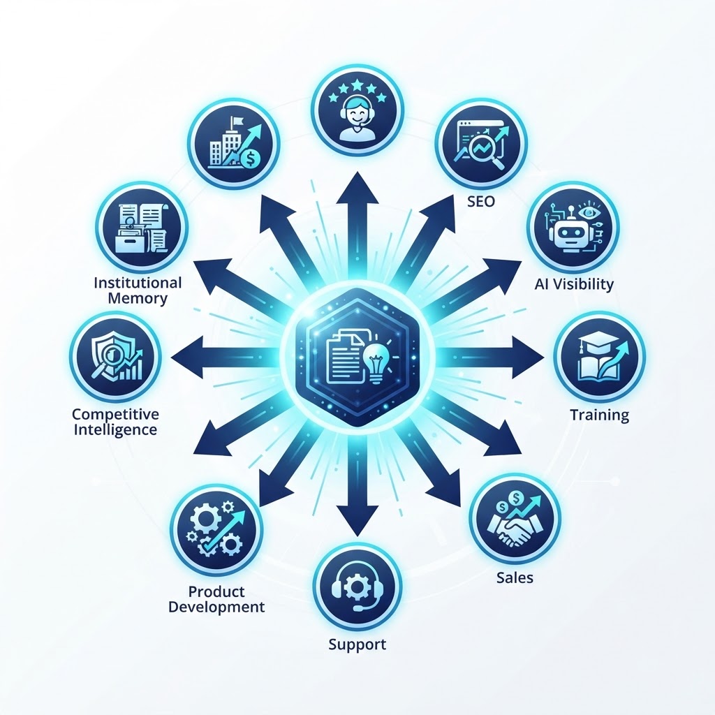 Product Knowledge becoming customer experience, SEO, AI visibility, employee training, sales enablement, customer support, product development, competitive intelligence, institutional memory, and enterprise value