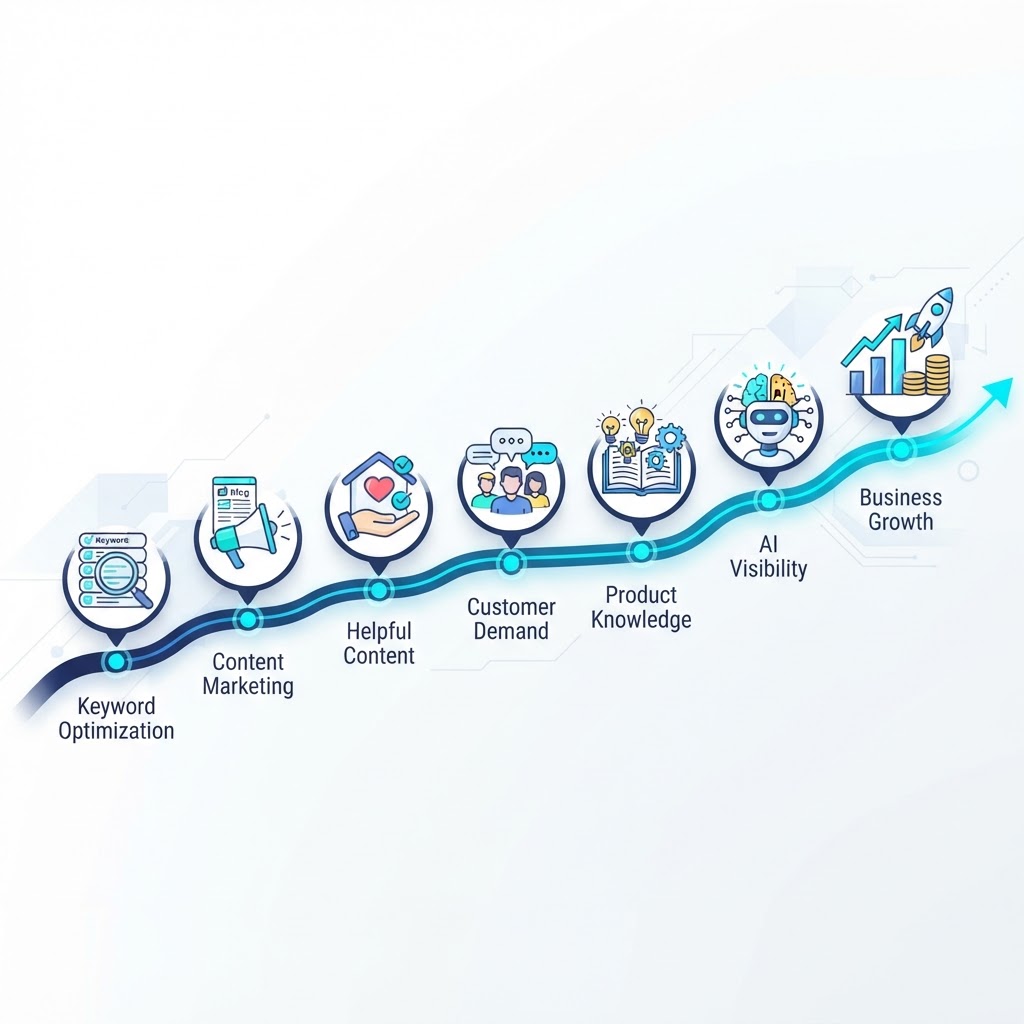 Evolution of search timeline from keyword optimization through content marketing, helpful content, customer demand, product knowledge, AI visibility, to business growth