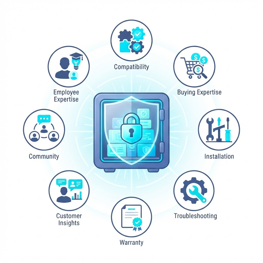 Product Knowledge as intellectual property including compatibility knowledge, buying expertise, installation experience, troubleshooting, warranty explanations, customer insights, community knowledge, and employee expertise
