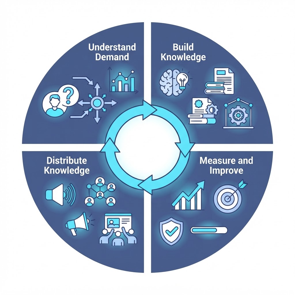 Product Knowledge measurement framework showing knowledge coverage, quality, gaps, demand fulfilled, AI visibility, search visibility, conversion attribution, support reduction, and knowledge growth