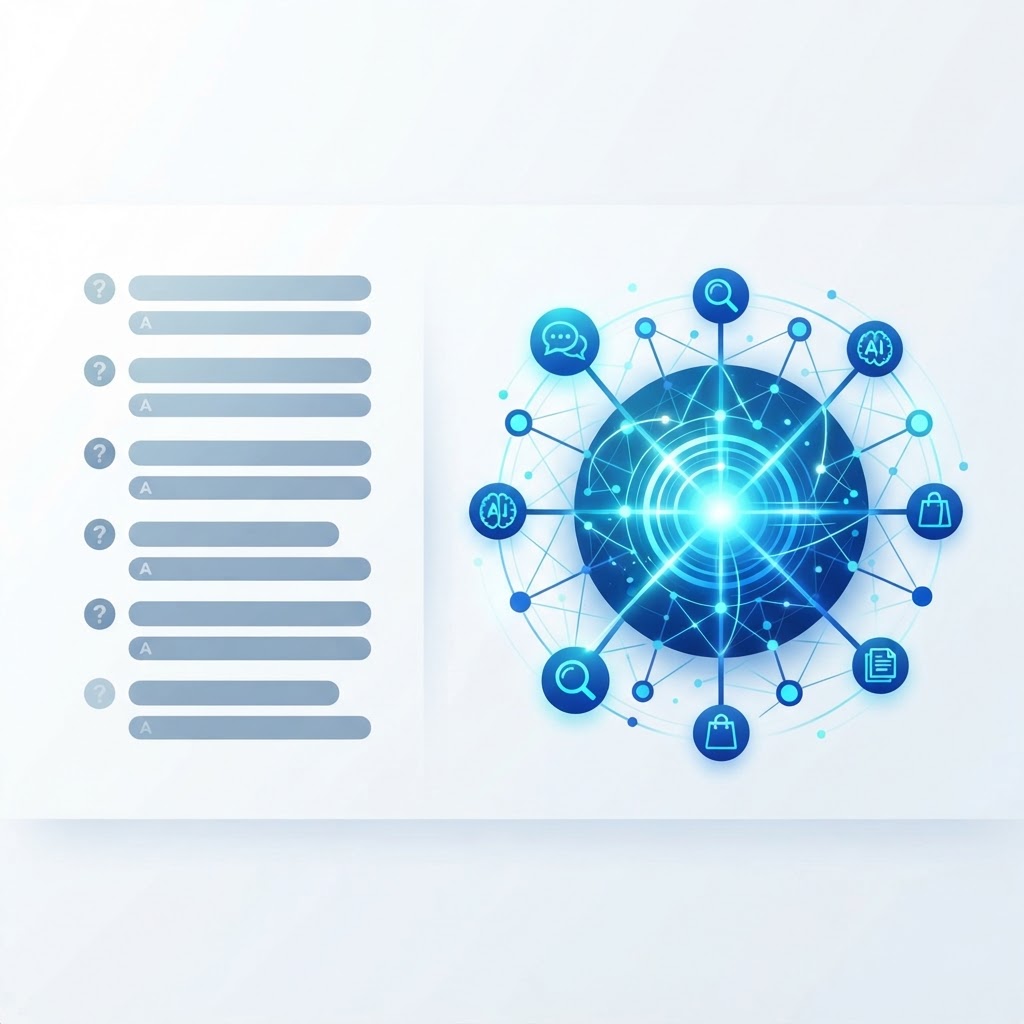 Illustration of the evolution from traditional FAQs to a modern Product Knowledge platform