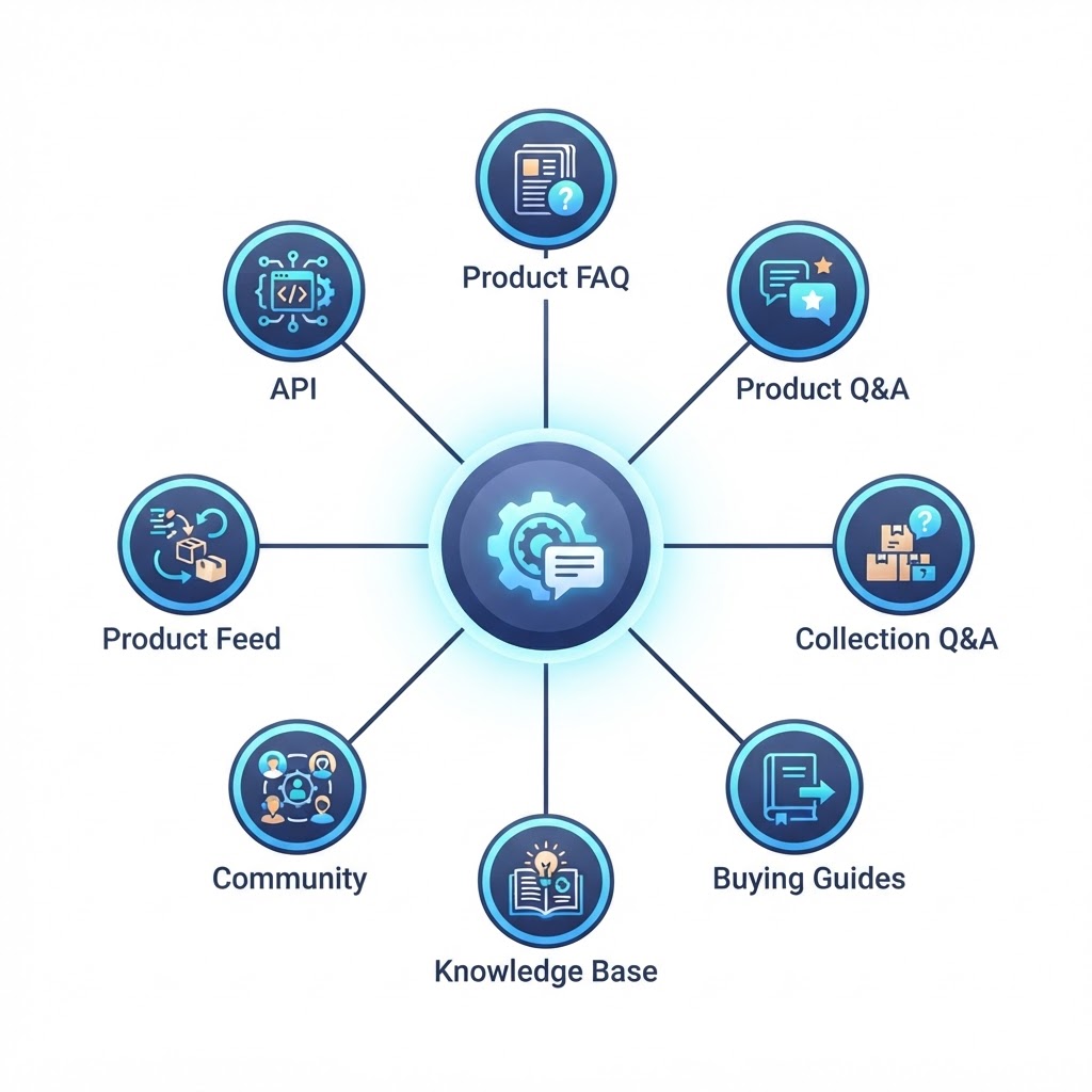 Question distribution model showing one answer radiating to product FAQ, product Q&A, collection Q&A, buying guides, knowledge base, community, product feed, and API