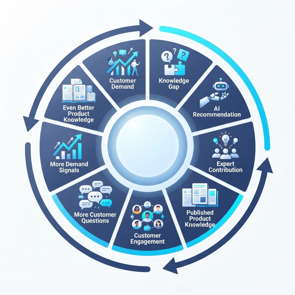 The Product Knowledge Flywheel showing the compounding cycle from customer demand through knowledge gaps, AI recommendations, expert contributions, published knowledge, engagement, and back to more demand signals