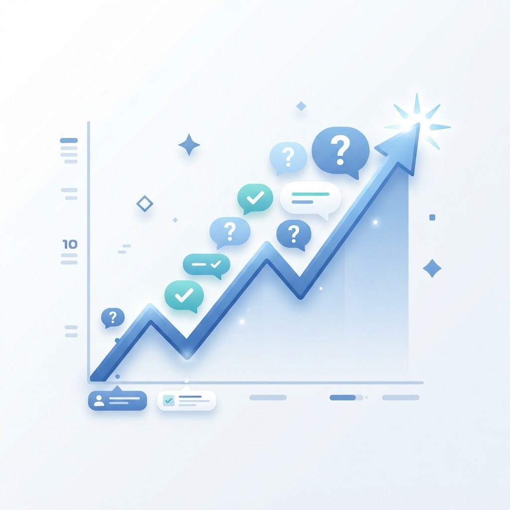 Product page SEO concept: an upward-trending rankings chart with Q&A chat bubbles showing product Q&A content rising in Google search positions