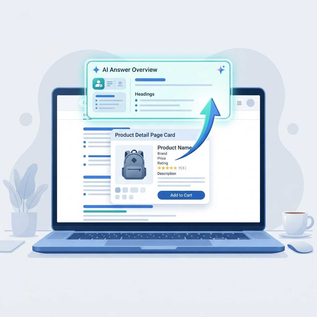 Ecommerce product page SEO concept: a search results page showing an AI Overview answer box and a product detail page appearing as a primary result
