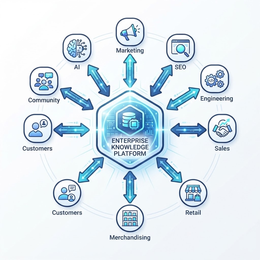 Enterprise knowledge network showing every department including marketing, SEO, engineering, sales, retail, merchandising, customers, community, and AI contributing to and drawing from a shared Product Knowledge ecosystem