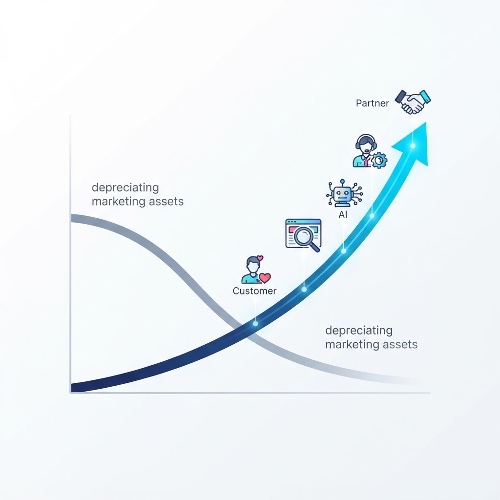 Knowledge value curve showing Product Knowledge compounding over time while marketing assets depreciate, with stakeholders including customers, search engines, AI systems, employees, and partners all relying on Product Knowledge