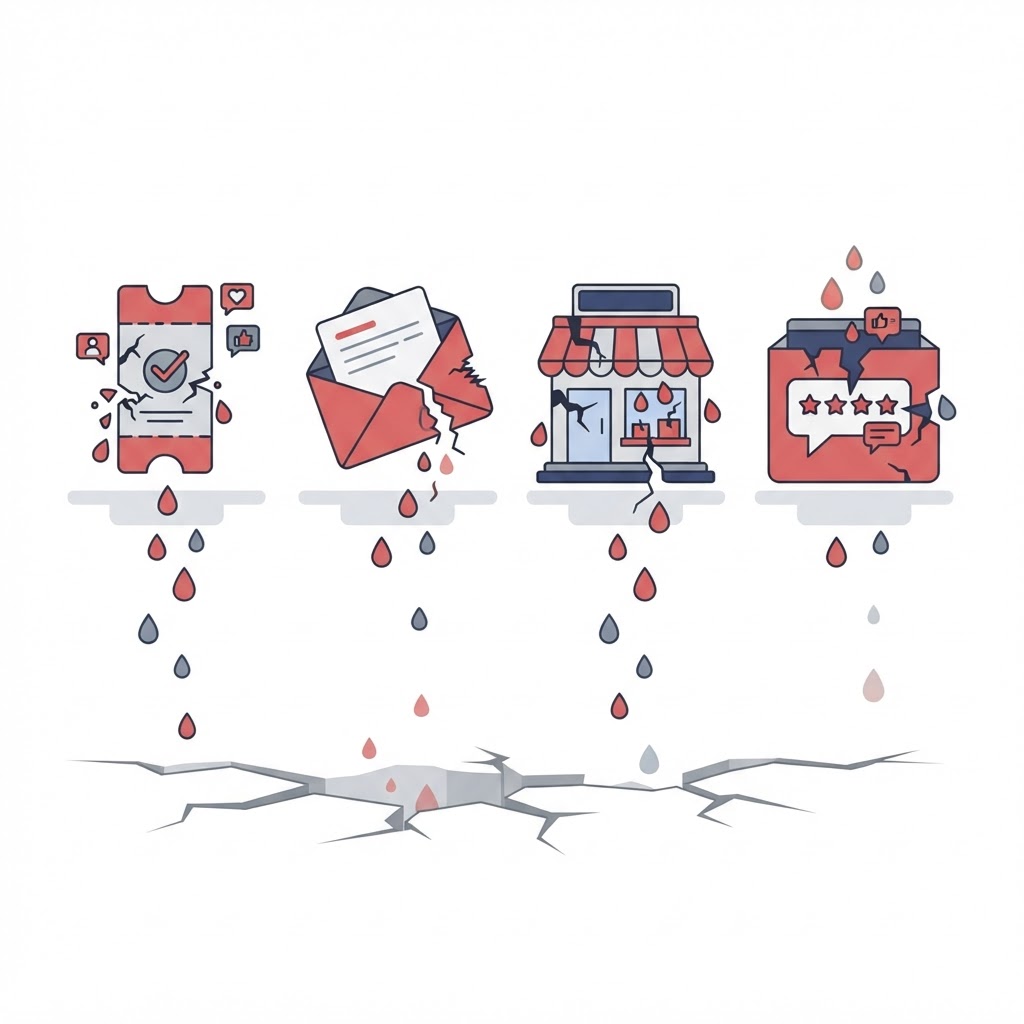 Knowledge leakage diagram showing expertise being lost in support tickets, emails, in-store conversations, and customer reviews