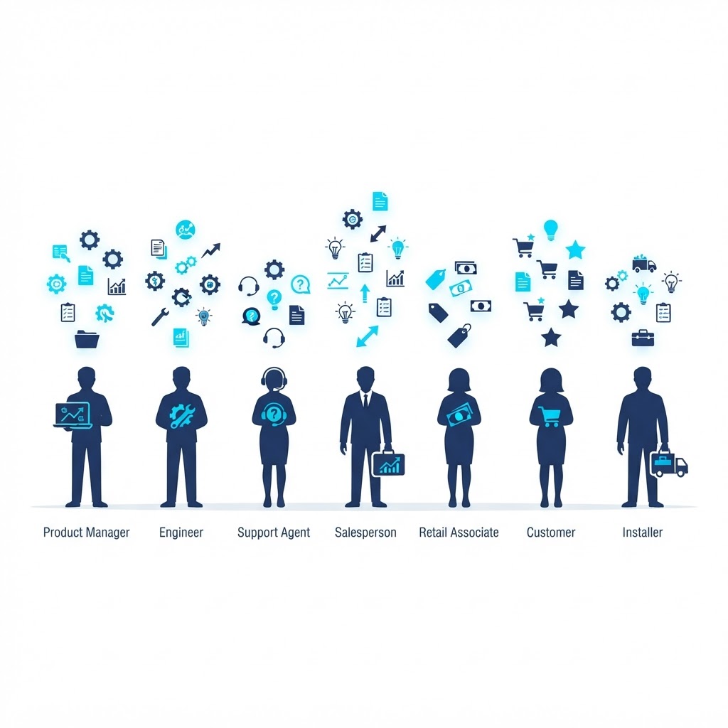 Knowledge scattered throughout an organization across product managers, engineers, support, sales, retail associates, customers, installers, community, and documentation