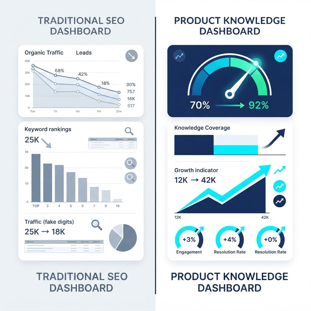 Traditional SEO dashboard showing rankings, traffic, and pageviews compared to a Product Knowledge dashboard showing demand covered, knowledge gaps, and business outcomes