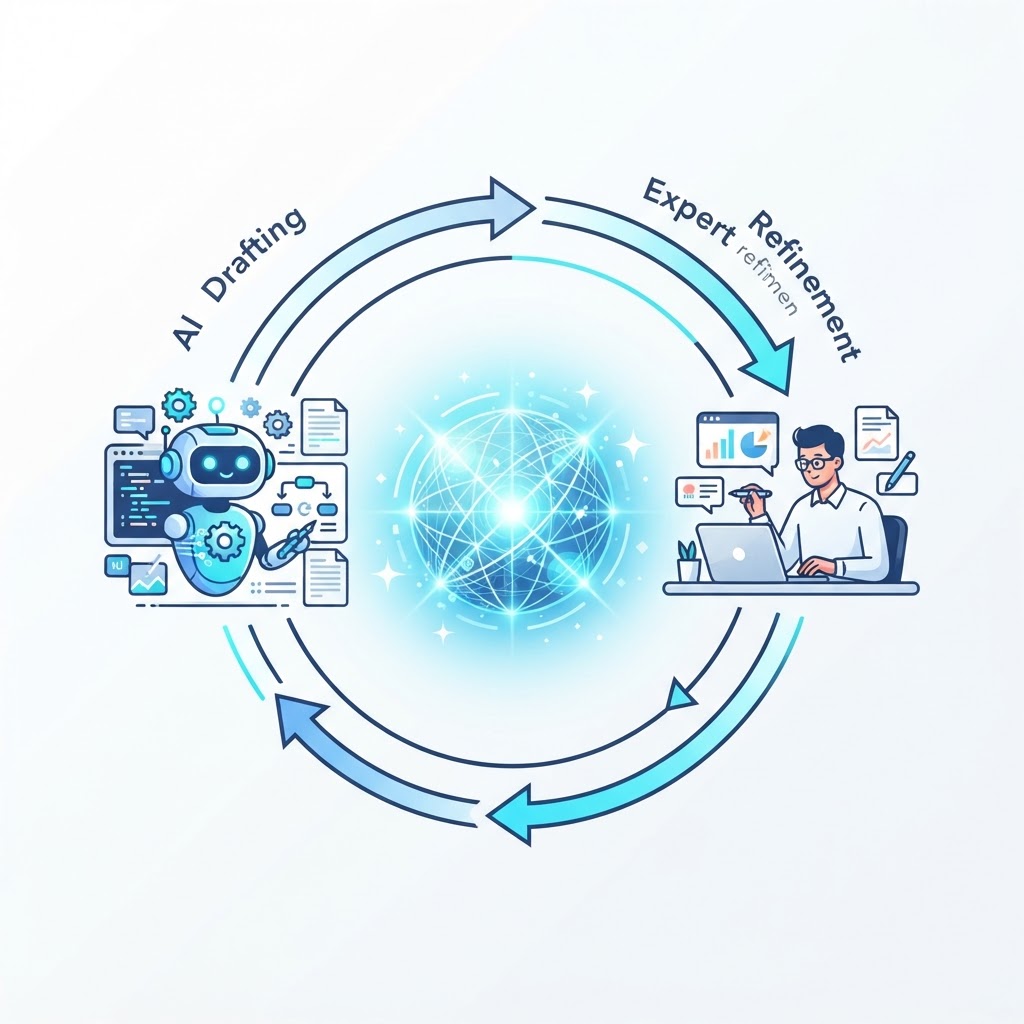 AI and human collaboration where AI discovers, drafts, and summarizes while experts add experience, validate, and approve