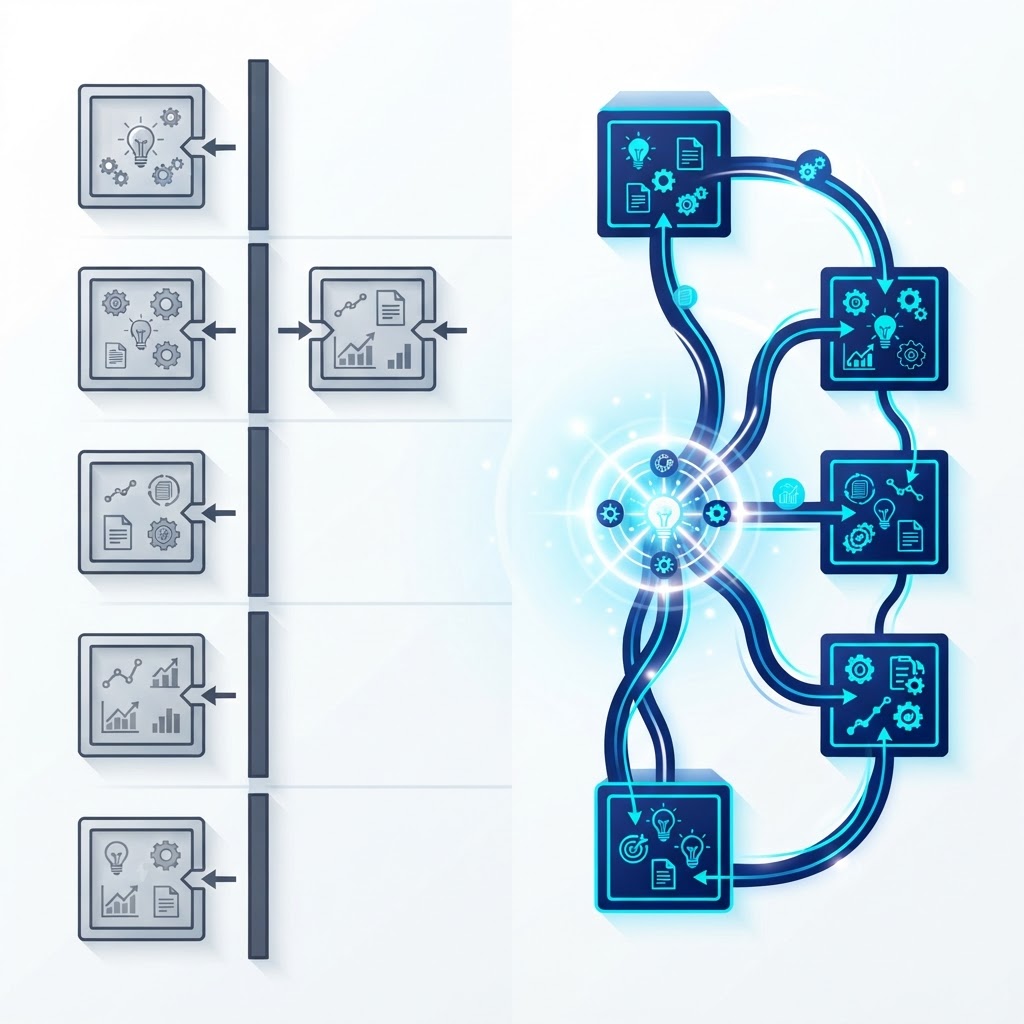 Traditional organization with siloed knowledge and lost expertise compared to Product Knowledge organization with shared intelligence, continuous learning, and continuous improvement
