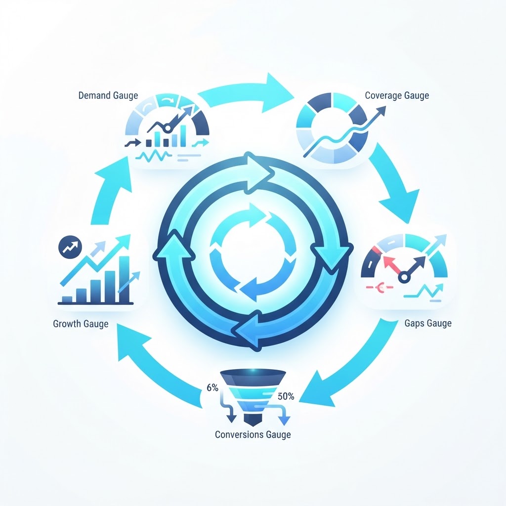 Product Knowledge Scorecard dashboard showing customer demand, knowledge coverage, knowledge gap score, opportunity score, AI visibility, search visibility, conversion attribution, support reduction, customer confidence, and product knowledge growth