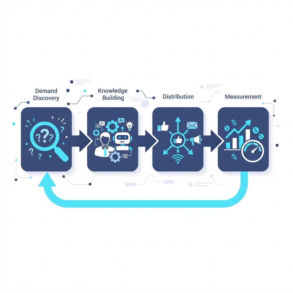 Answerbase operational model mapping understand demand, build knowledge, distribute knowledge, and measure and improve to platform capabilities