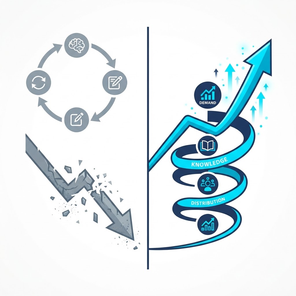 Traditional content strategy cycle of brainstorm, write, publish, repeat producing disconnected content that declines over time