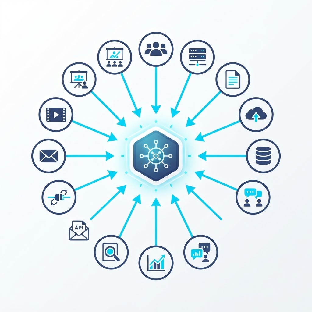 Product Knowledge source ecosystem showing product managers, engineers, support, sales, retail associates, merchandising, customers, community, reviews, support tickets, documentation, and AI drafts all feeding into a central knowledge hub