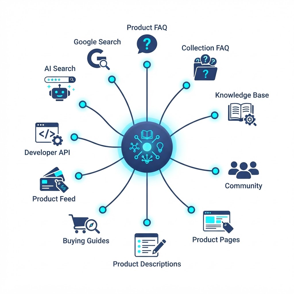 One piece of Product Knowledge distributed across product FAQ, product Q&A, collection FAQ, knowledge base, community, buying guides, product feed, developer API, and future AI channels