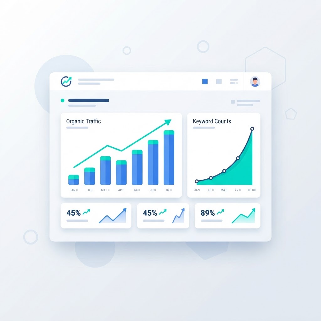 Ecommerce product page SEO proof: an analytics dashboard showing organic traffic and keyword counts trending upward