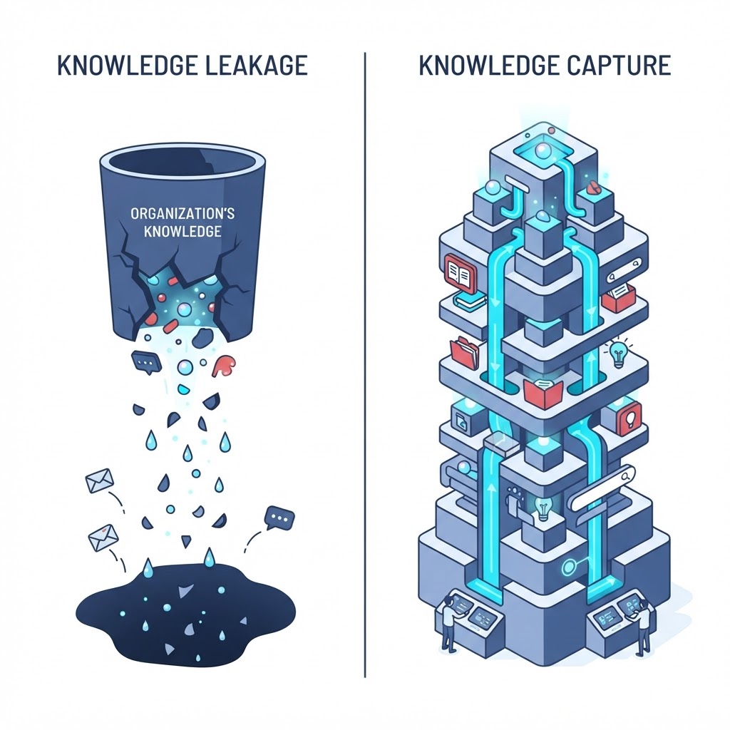 Knowledge leaking out of an organization through support tickets, emails, chats, phone calls, and individual employees
