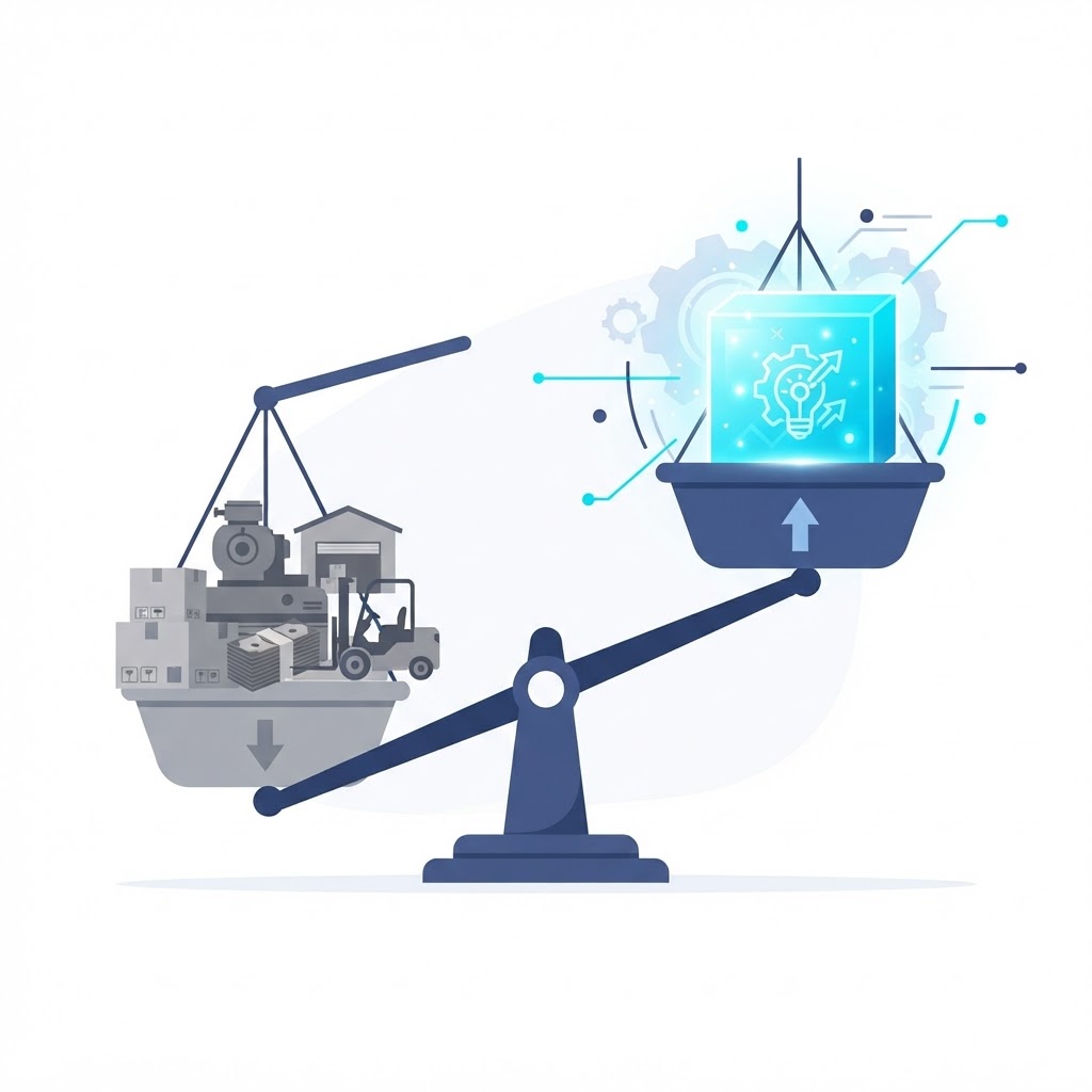 Product Knowledge balance sheet comparing traditional depreciating assets like inventory, equipment, facilities, and patents against Product Knowledge as an appreciating intangible asset