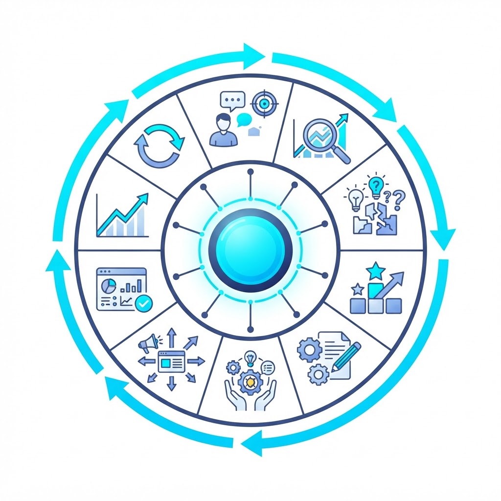 Product Knowledge Strategy operating model showing the cycle from customer demand through search demand, knowledge gaps, prioritization, generation, expert capture, publishing, measurement, and continuous improvement