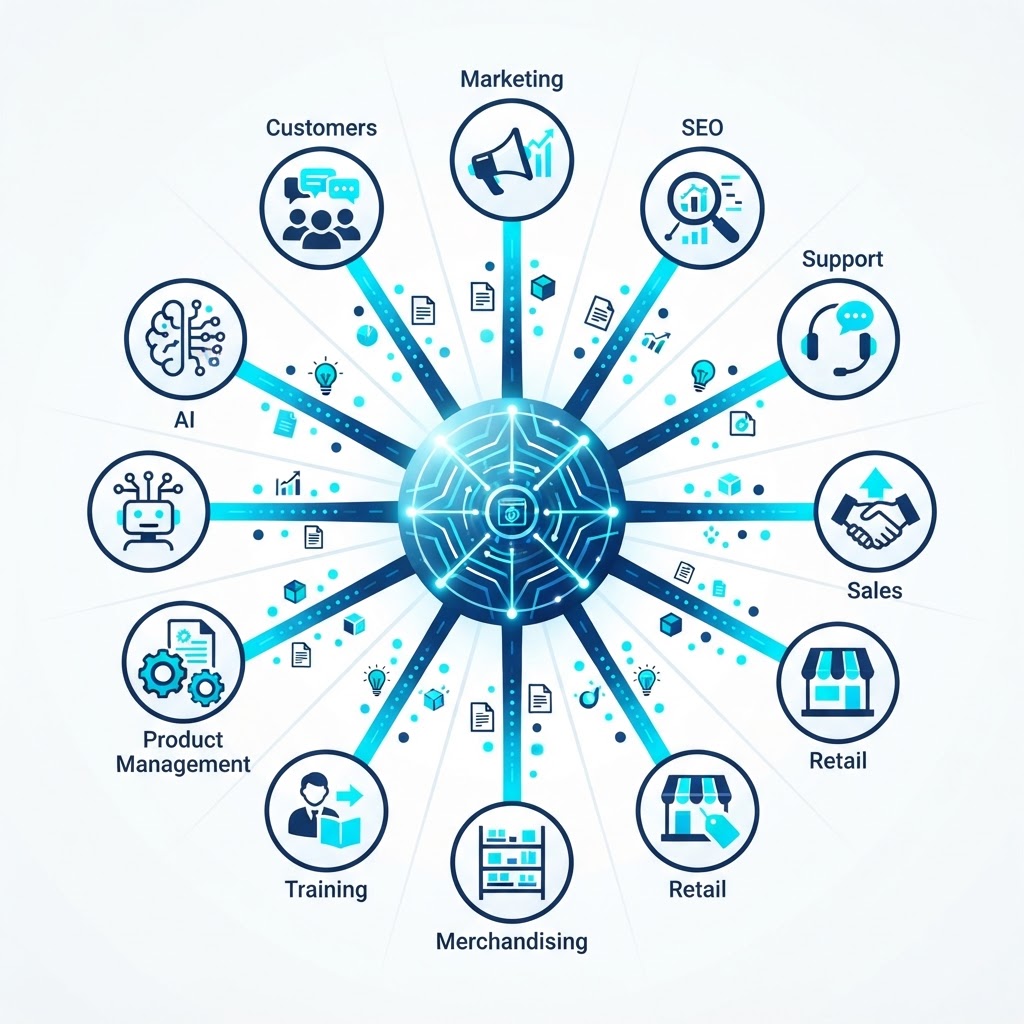 Enterprise knowledge ecosystem showing Product Knowledge benefiting marketing, SEO, customer support, sales, retail, merchandising, training, product management, AI, and customers