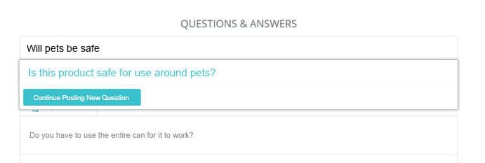 Answerbase auto-suggesting an existing answer as a shopper types a similar product question