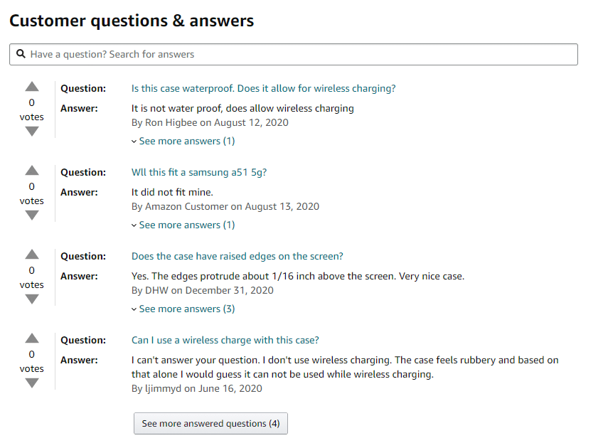 Amazon full customer product questions and answers section below product information
