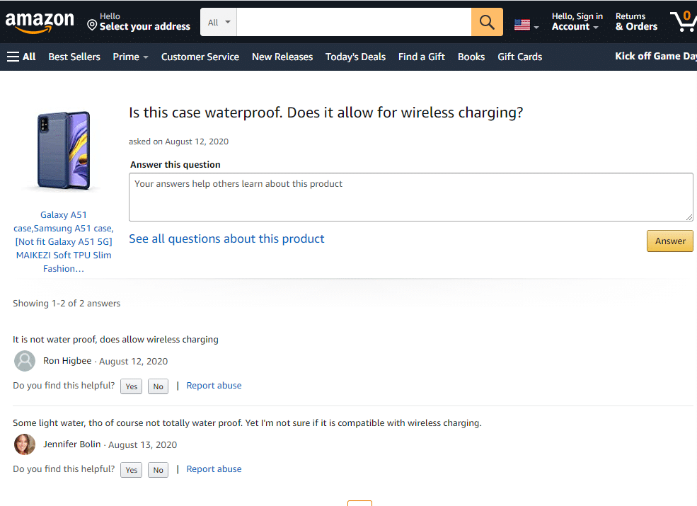 Amazon dedicated product question and answer landing page for a single Q&A thread