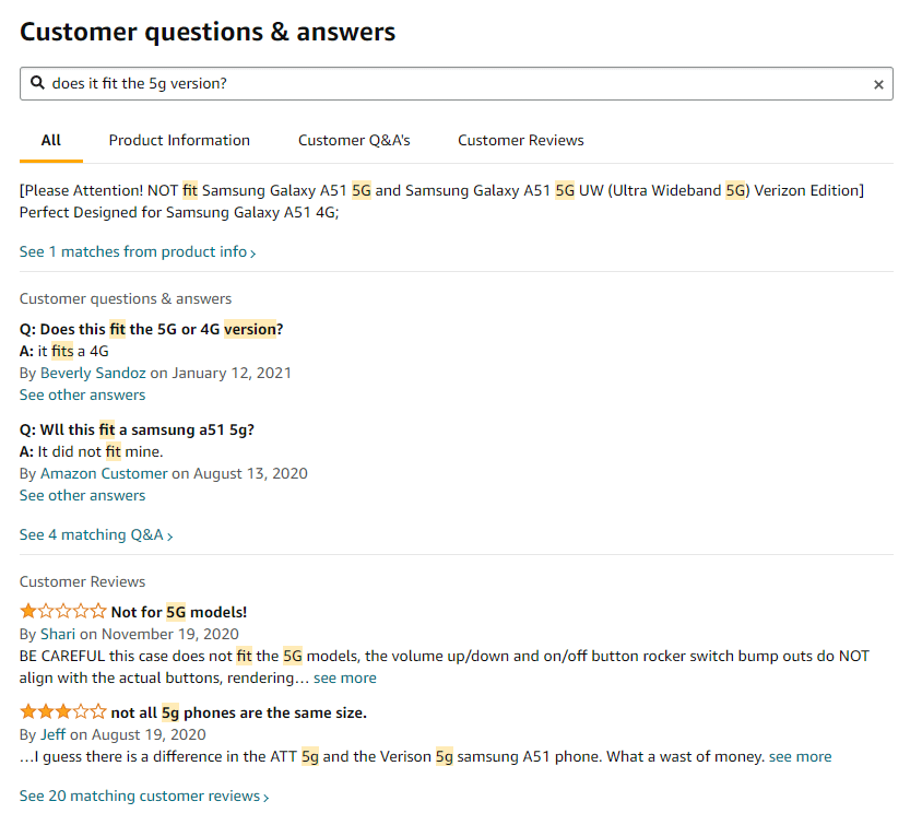 Amazon product question autosuggest answers pulled from product information