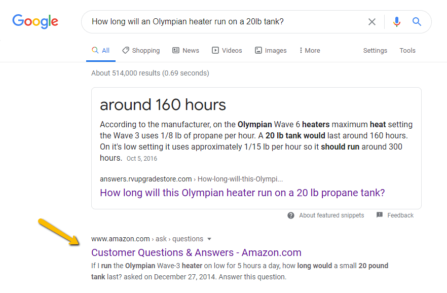Amazon product Q&A landing page ranking as the second organic search result on Google, with an Answerbase customer as the featured snippet