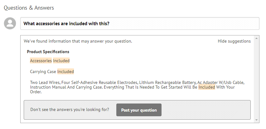 Answerbase auto-suggesting an answer from product information and specifications